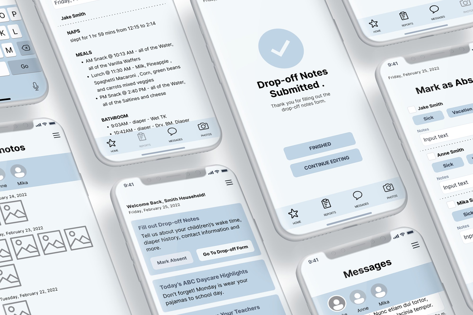 Tadpoles Parents app screens showing drop-off notes, reports, and messages