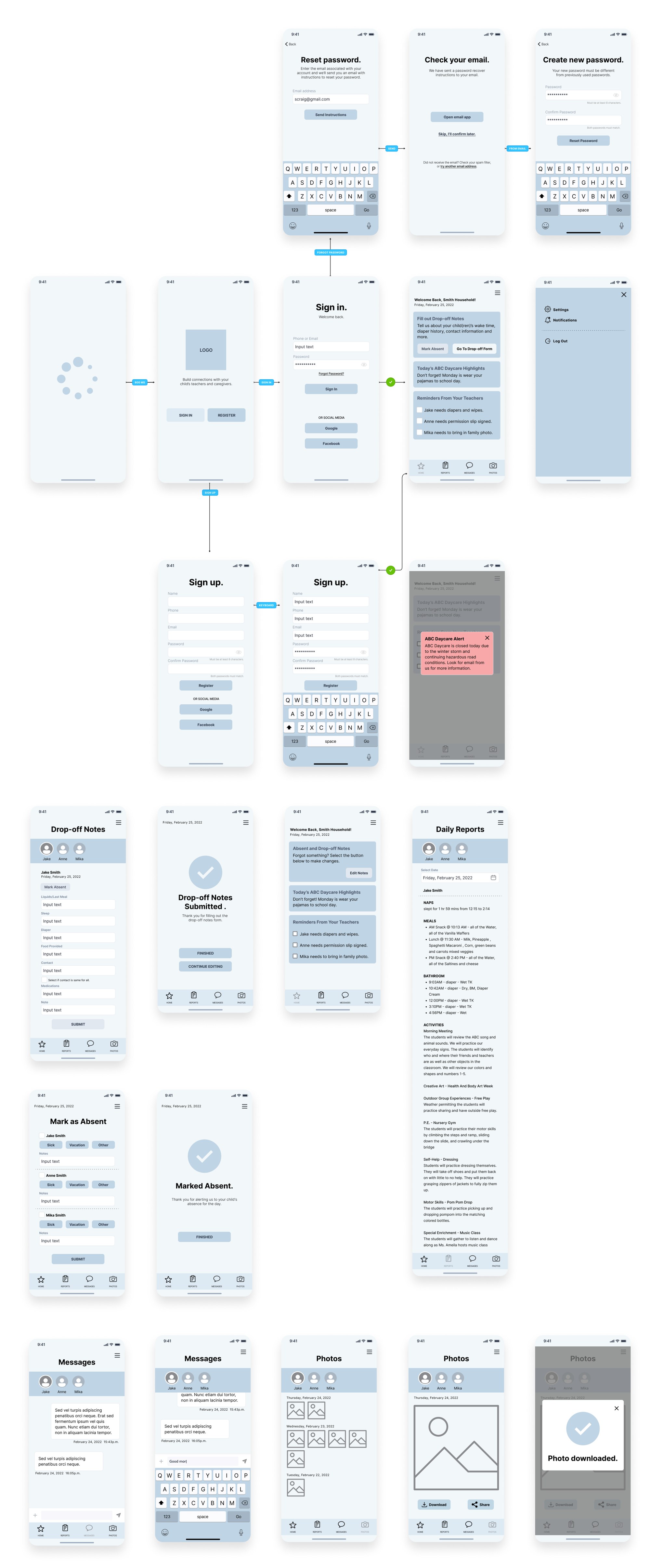 Basic wireframes for the Tadpoles Parents App