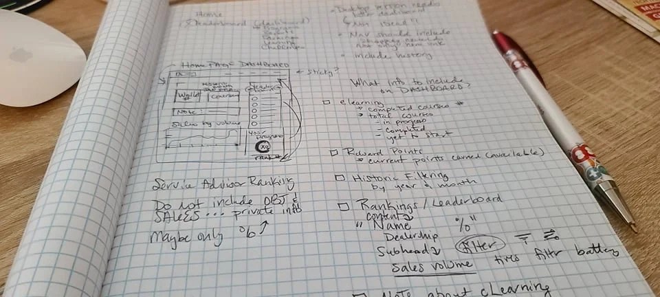 Early dashboard sketch in a notebook
